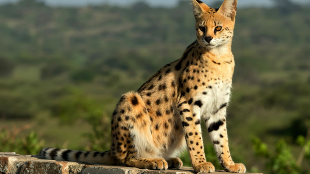 A beautiful serval cat sits perched on a low stone wall, its spotted coat contrasting against the blurred green savanna background. The cat appears alert and watchful.