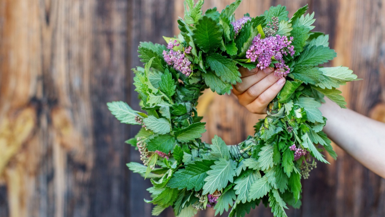 Person holding a handmade wreath crafted from green leaves and small purple flowers in front of a rustic wooden background.