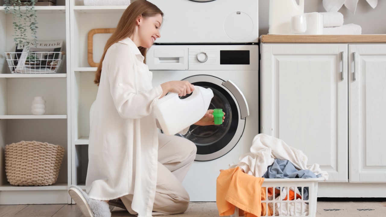 Young woman pouring laundry detergent into plastic lid near washing machine in bathroom