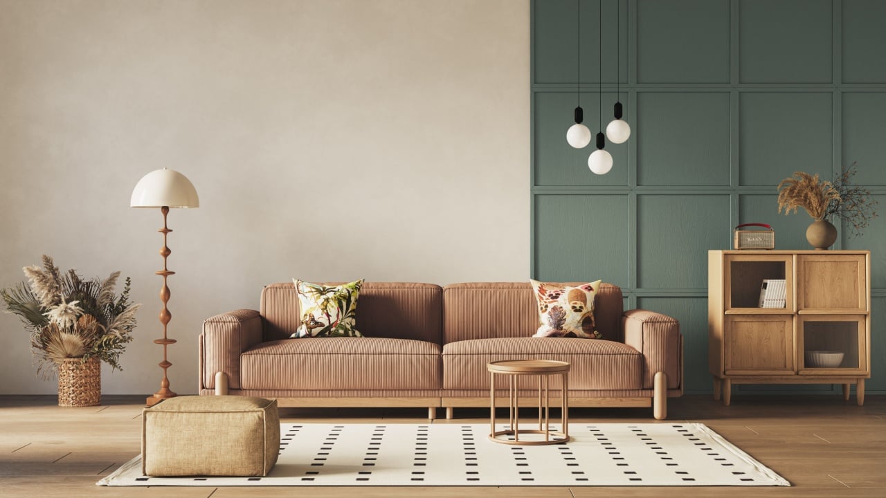 A contemporary living room interior design mock-up featuring vibrant decorative accents, 3D render