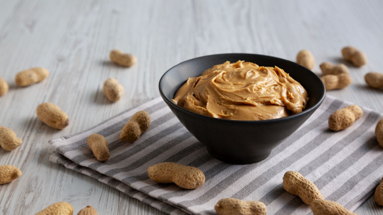 Organic Creamy Peanut Butter in a Bowl, low angle view.
