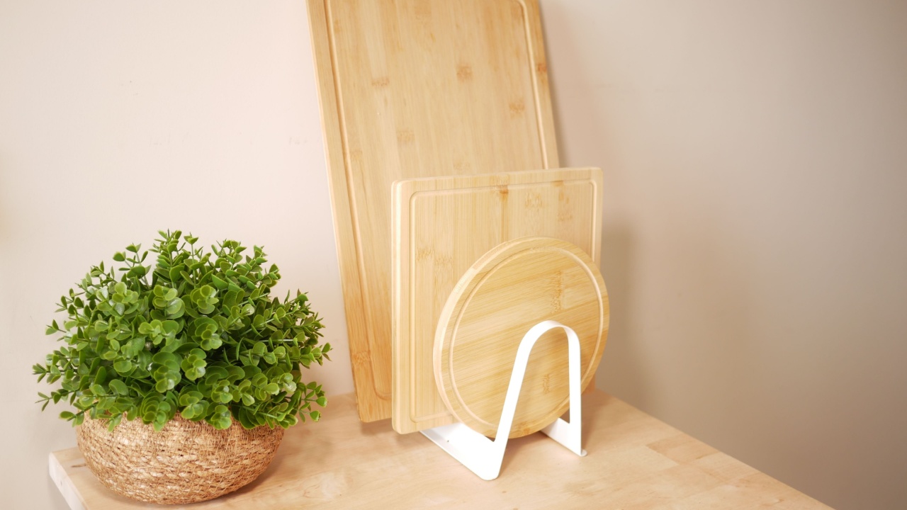 Bamboo cutting boards displayed on a kitchen countertop
