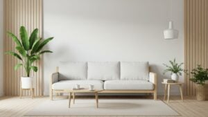 Cozy living room with sofa and plants.