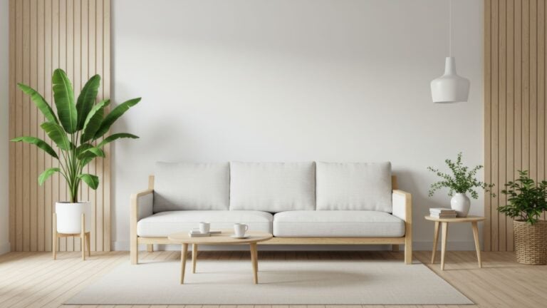 Cozy living room with sofa and plants.