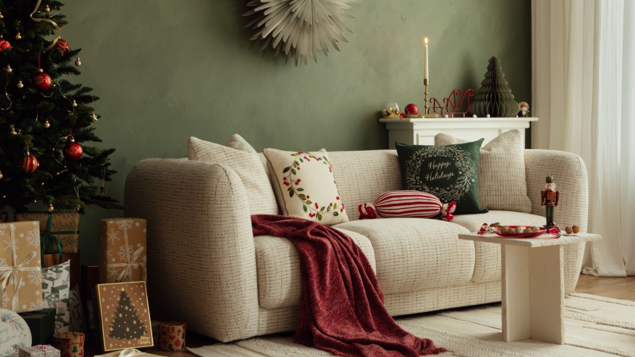 Christmas living room with decorated tree and presents under it. Cozy beige sofa, red throw blanket, and stylish holiday cushions.