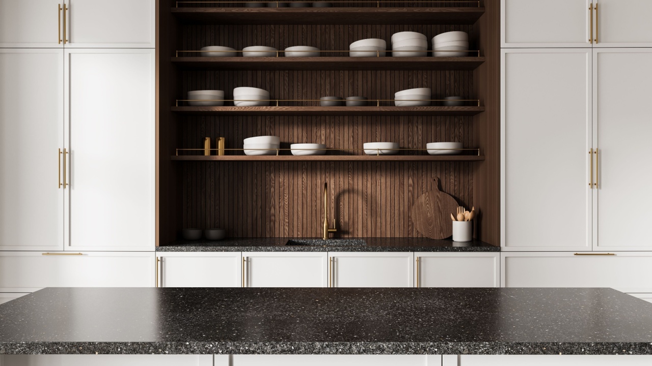 Modern kitchen interior with minimalist white cabinetry, dark speckled countertops, and wood panel backsplash with open shelving. 3D Rendering
