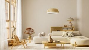 Bright Japandi style living room interior featuring warm natural light, wooden furniture, soft neutral colors, and cozy textures, minimal home decor atmosphere in a modern apartment.