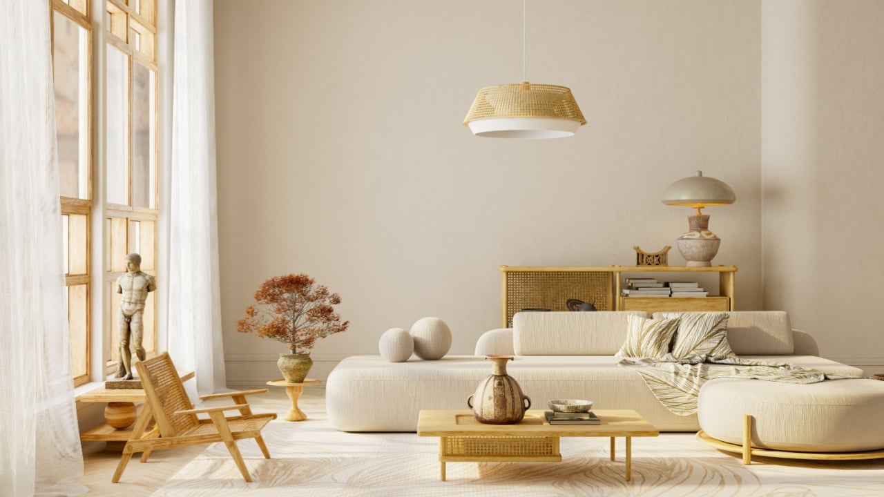 Bright Japandi style living room interior featuring warm natural light, wooden furniture, soft neutral colors, and cozy textures, minimal home decor atmosphere in a modern apartment.