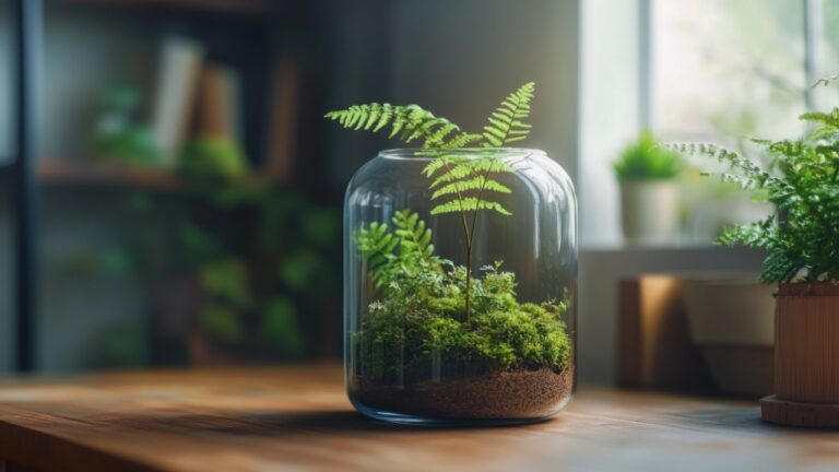 Clear glass terrarium, housing a miniature ecosystem of ferns and moss. The terrarium is situated on a wooden surface in a room with additional houseplants.
