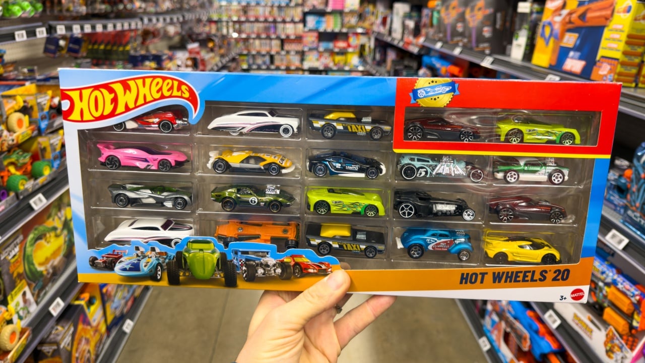 Los Angeles, CA - January 9, 2026: Hot Wheels Twenty Car Gift Set Held In Walmart Toy Aisle.