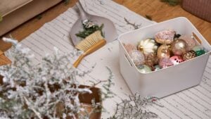 Cleaning pine needles and broken Christmas ornament pieces with broom and dustpan after holiday season. White storage box with decorations in cozy home interior