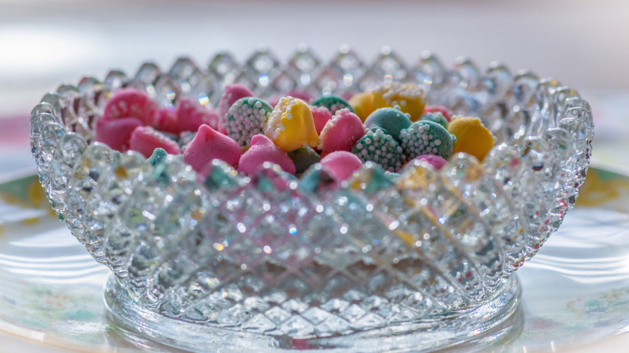 Crystal bowl of pastel colored mint candy