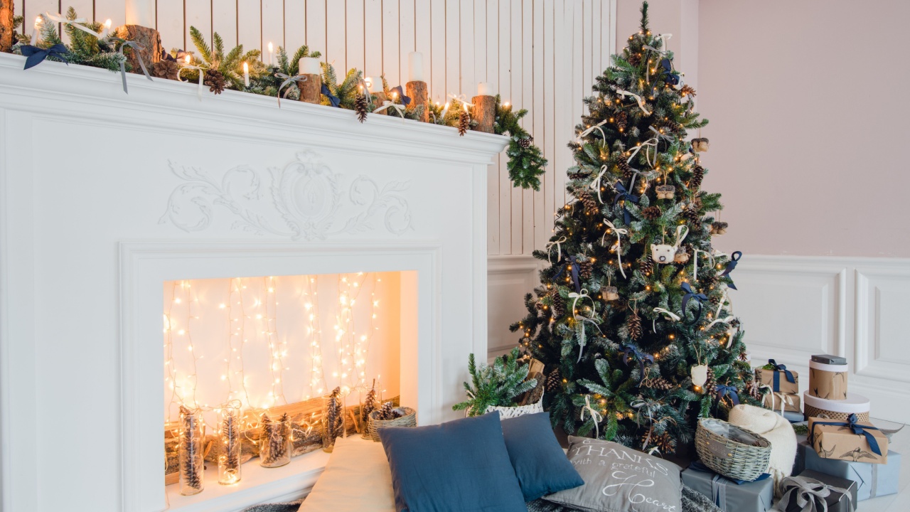 Stylish Christmas interior decorated in gray colors. Comfort home.