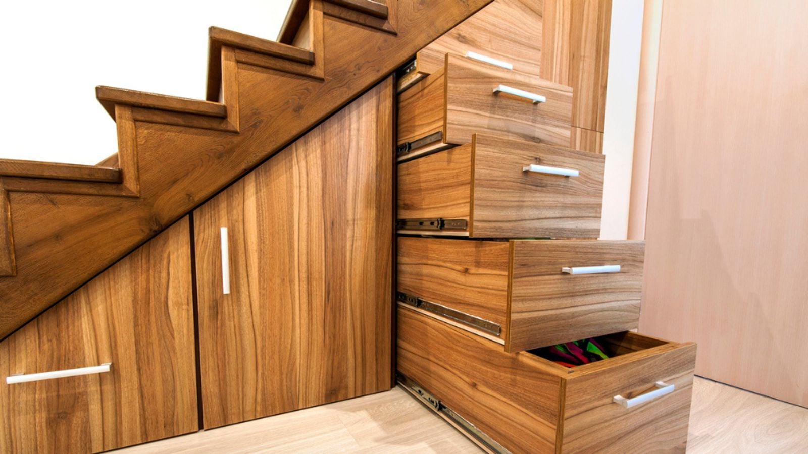 Modern architecture interior with luxury hallway with glossy wood bed stairs