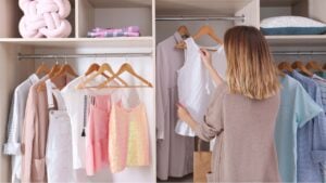 Woman choosing outfit from large wardrobe closet with stylish clothes and home stuff