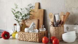 Kitchen table with different supplies and vase with plant