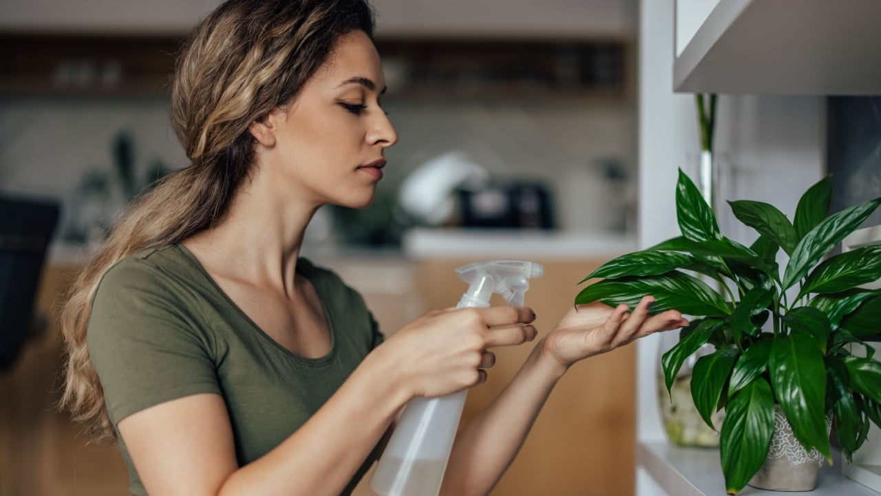 Young woman, watching over the plants, at her small garden, at home.