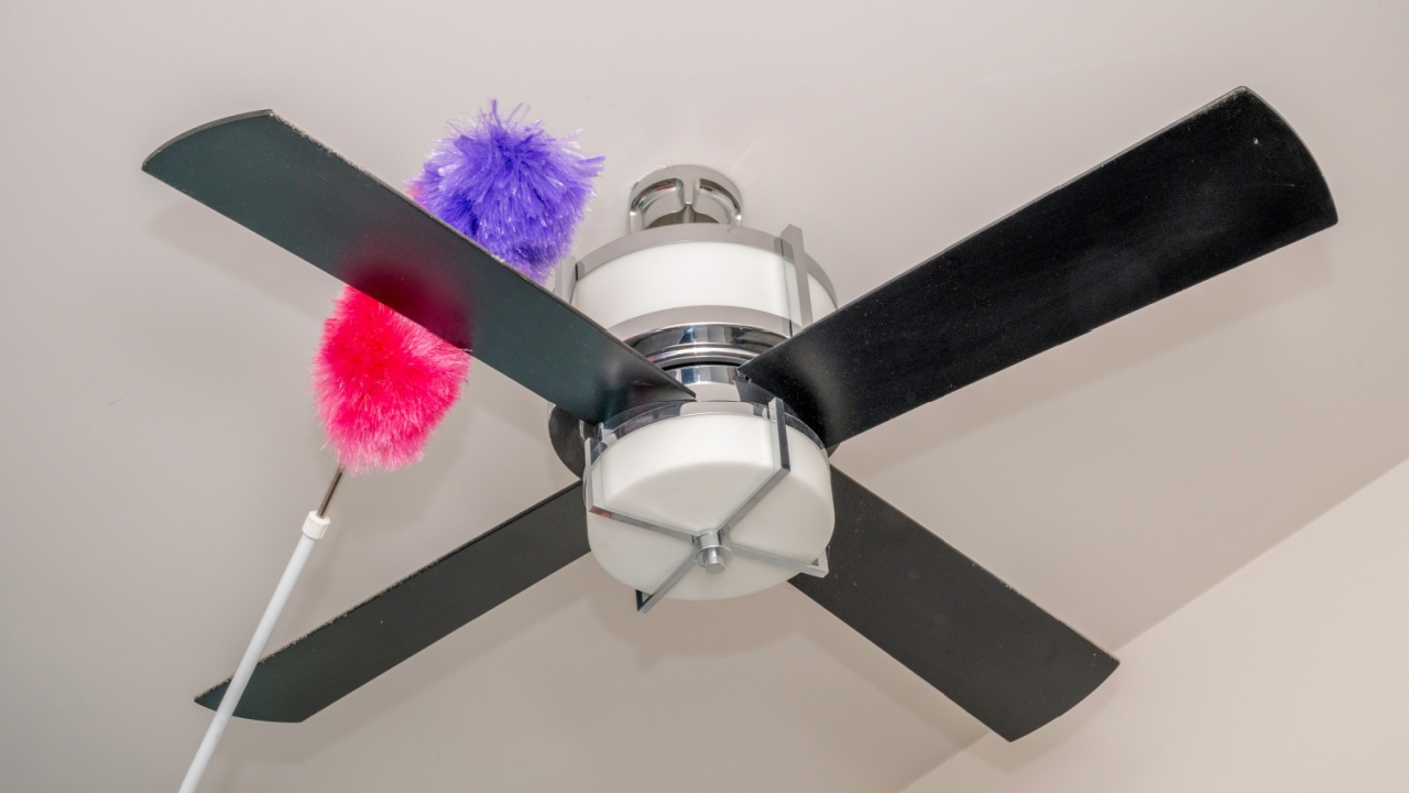 Colorful duster on dusty bedroom fan