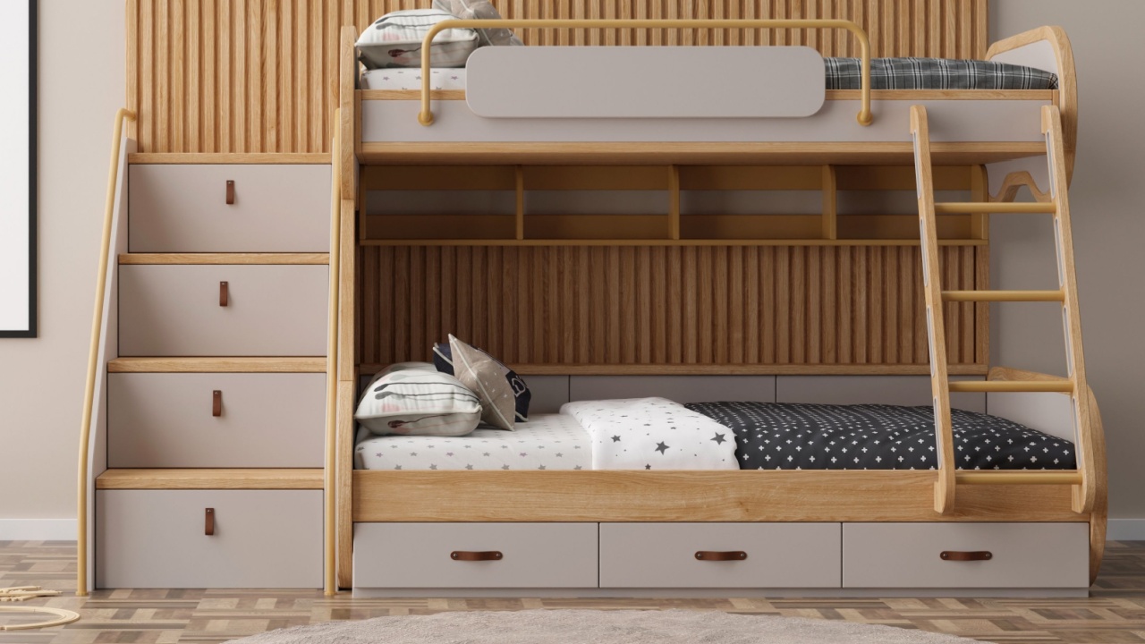 Empty vertical picture frame on brown wall in modern child room. Mock up interior in contemporary, scandinavian style. Free, copy space for picture. Bed, toys. Cozy room for kids