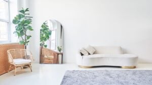 Modern, white minimalist interior. Modern interior design for posters in the living room layout with a white sofa