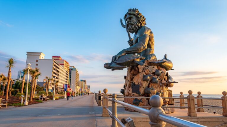Virginia beach,VA,USA-May 7 2023 :Bronze statue of King Neptune is located in Virginia Beach.