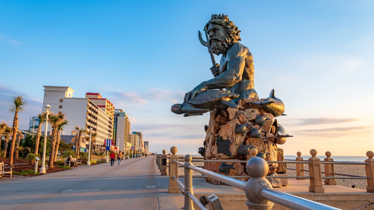 Virginia beach,VA,USA-May 7 2023 :Bronze statue of King Neptune is located in Virginia Beach.
