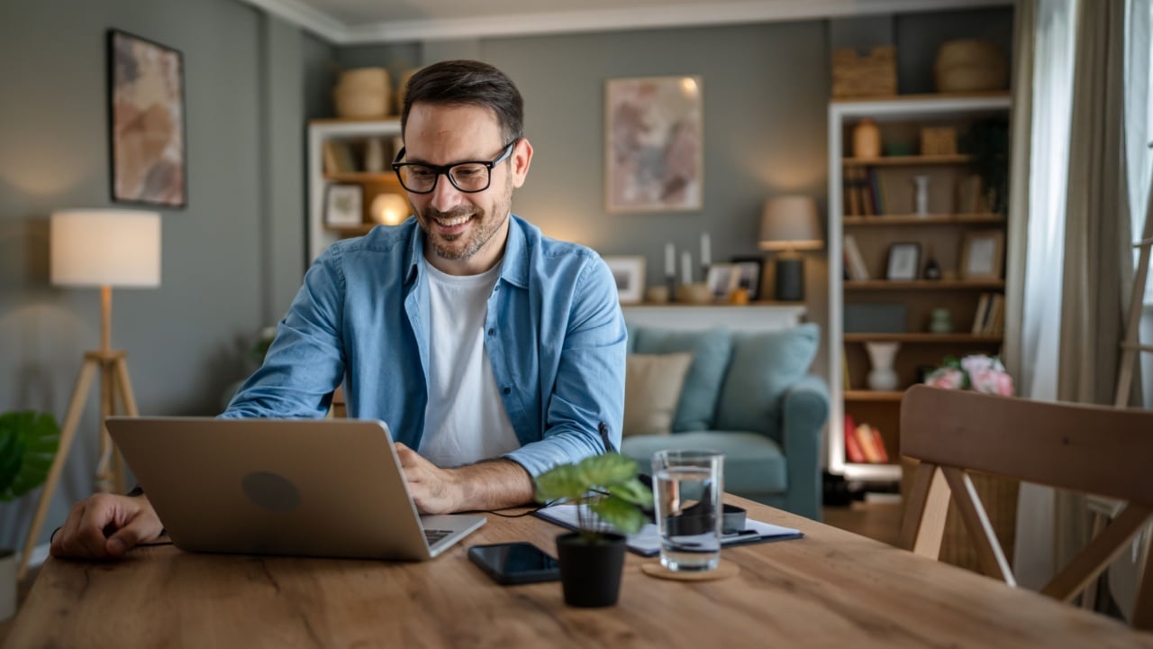 one man adult caucasian male with beard work on his laptop computer at home happy smile success freelance entrepreneur or remote work concept