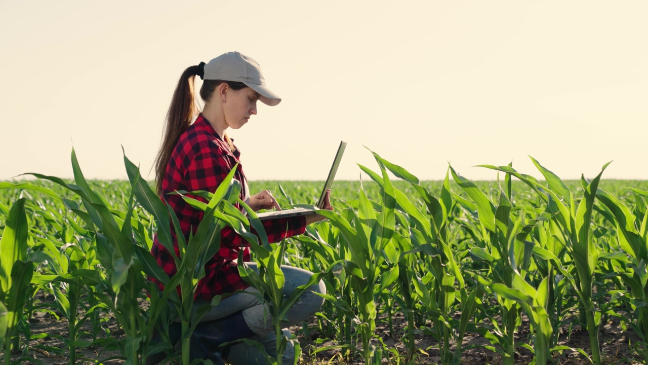 Woman agronomist works in field examines shoots of corn. Business Woman with laptop works in corn field, communicates, checks harvest. Woman farmer at sunset with computer, Agricultural business