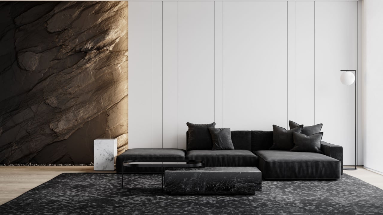 White contemporary minimalist interior with black sofa, rock wall, carpet and decor. Front view. 3d render illustration mockup.