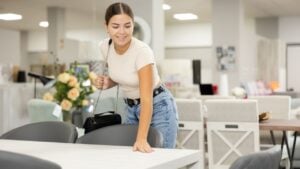 Positive interested young girl choosing new dining table for apartment in furniture store.