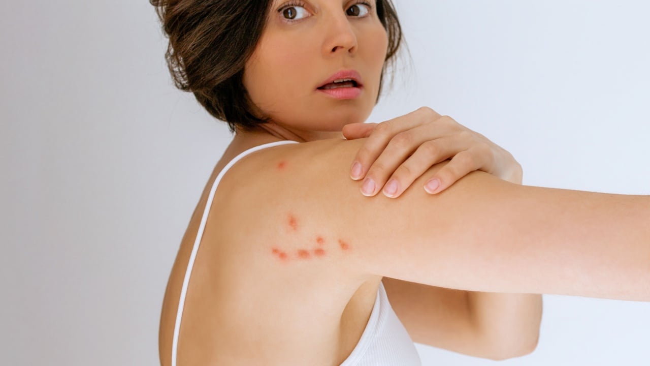 A woman scratches her shoulder bitten by a bedbug on a white background, close-up. Skin health problem. Red pimples.
