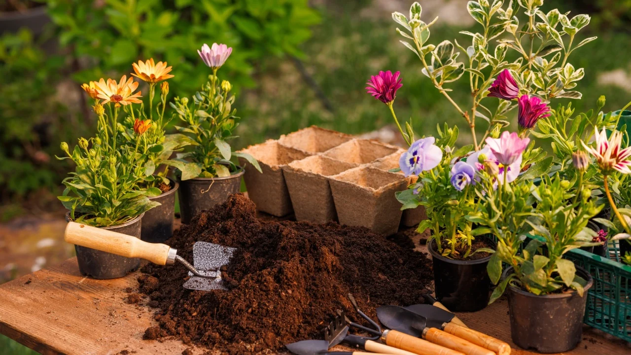 gardener plants flowers in the garden close-up, garden care