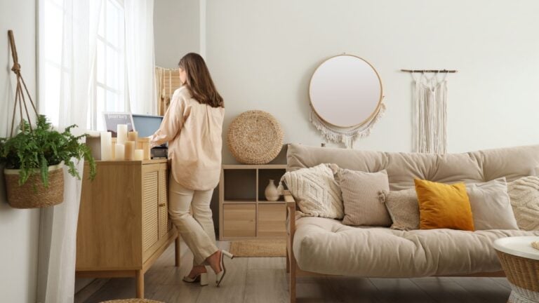 Young woman with record player on commode in cozy living room, back view