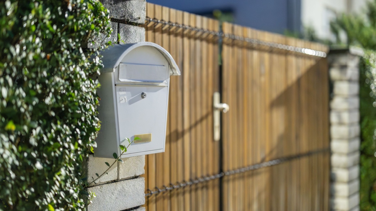 White metal letterbox or letter box mounted on a brick wall next to a wooden house entrance. Night time setting. Closed lid for letters
