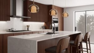 This stylish, contemporary kitchen features sleek cabinetry, a spacious island for cooking, and inviting warm lighting.