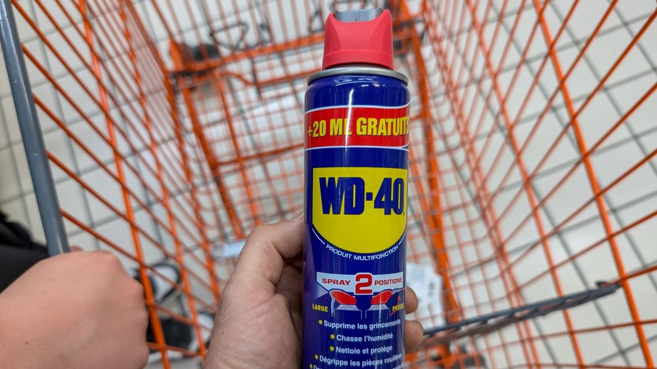 France, 26 August 2024: Hand holding WD-40 spray can in shopping cart