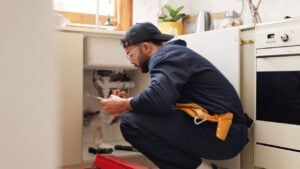 Plumbing, house and handyman with clipboard, maintenance or service with contractor. Employee, expert or repair with checklist, inspection or quality control with industry, home renovation or writing