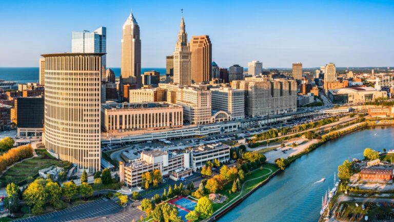 Aerial view of Cleveland, Ohio skyline at sunset. Cleveland is a major city in the U.S. state of Ohio and the county seat of Cuyahoga County.