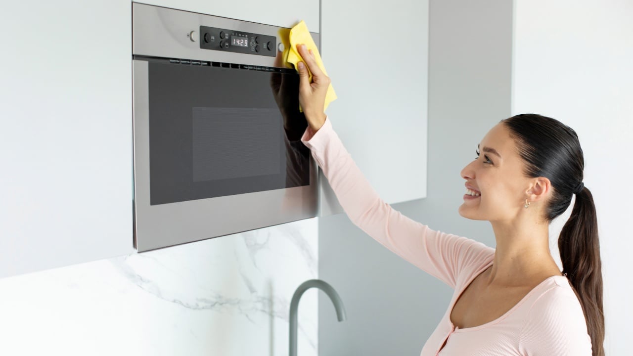 Young woman gently wiping modern built-in microwave oven clean with yellow cloth, enjoying the task and household chores