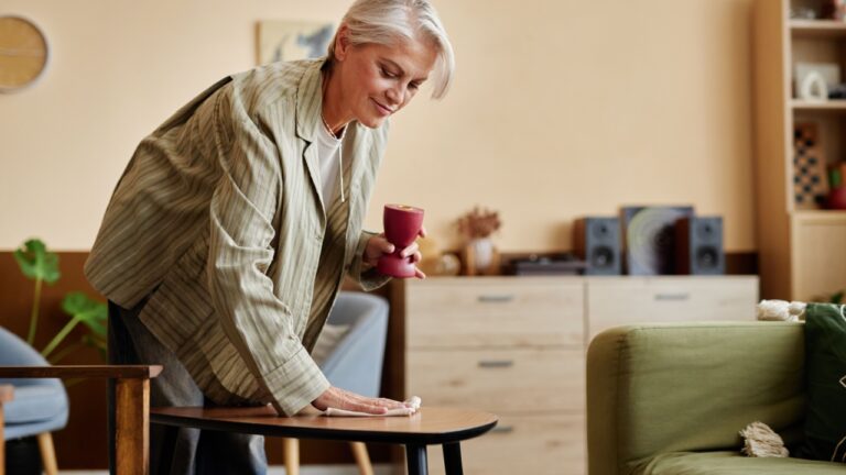 Side view portrait of elegant mature woman enjoying Spring cleaning at home and dusting coffee table in cozy living room copy space