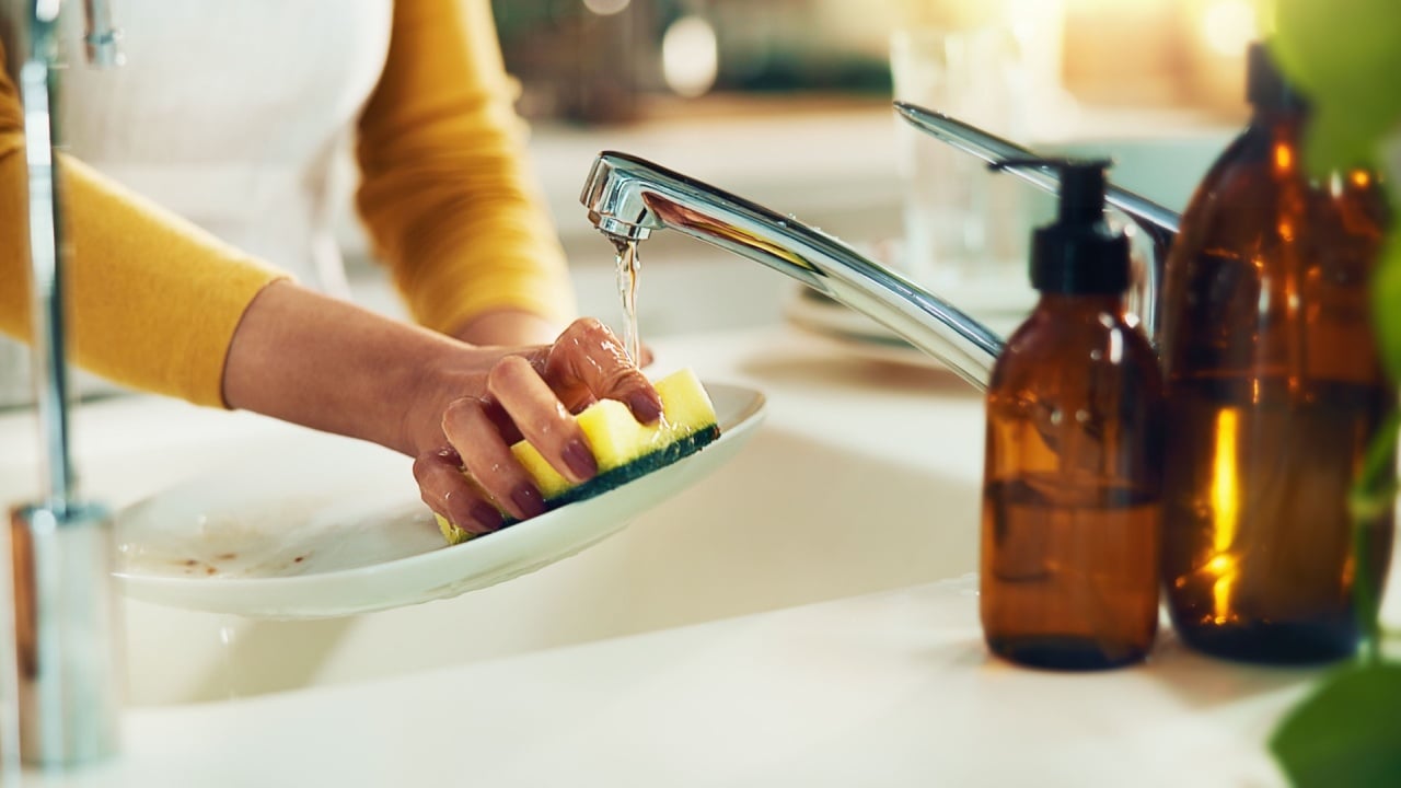 Person, hands and washing dishes in kitchen for hygiene, dirt removal and cleaning with foam. Woman, plate and water in home for bacteria prevention, responsibility or soap on sponge for disinfection