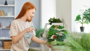 Back view of a young cheerful girl housewife wearing casual clothes spraying water on a green potted plant standing in living room at home. Gardening and caring for houseplants