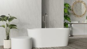 Sleek bathroom featuring a modern freestanding tub and stylish round stool with elegant circular mirror, 3D render illustration.