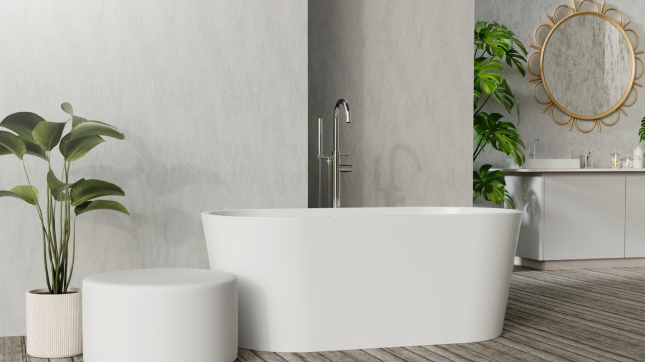 Sleek bathroom featuring a modern freestanding tub and stylish round stool with elegant circular mirror, 3D render illustration.