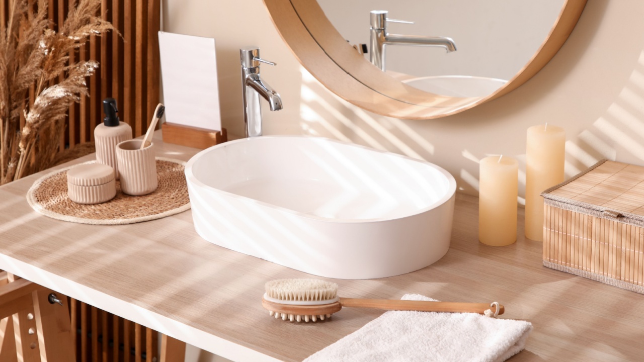 Table with sink, box and bath supplies near beige wall in bathroom