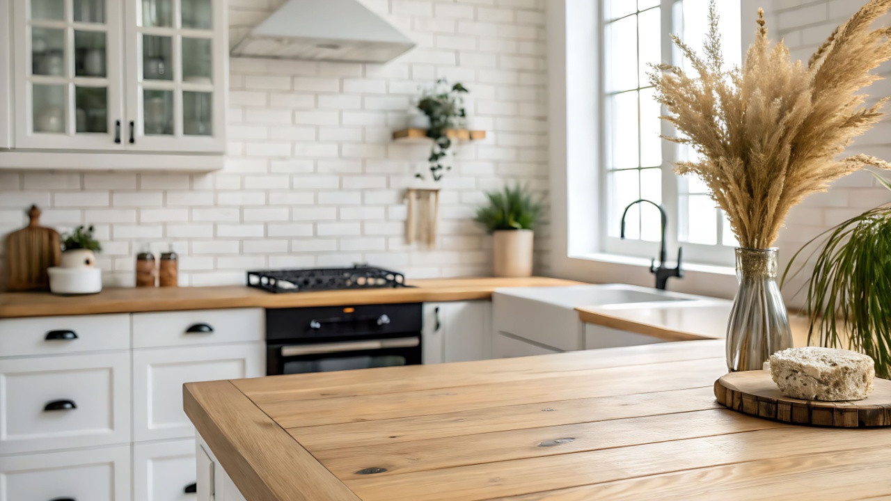 The image showcases a well-lit kitchen with white cabinetry, black hardware, a light wooden countertop, a white brick backsplash, and a wooden island centerpiece