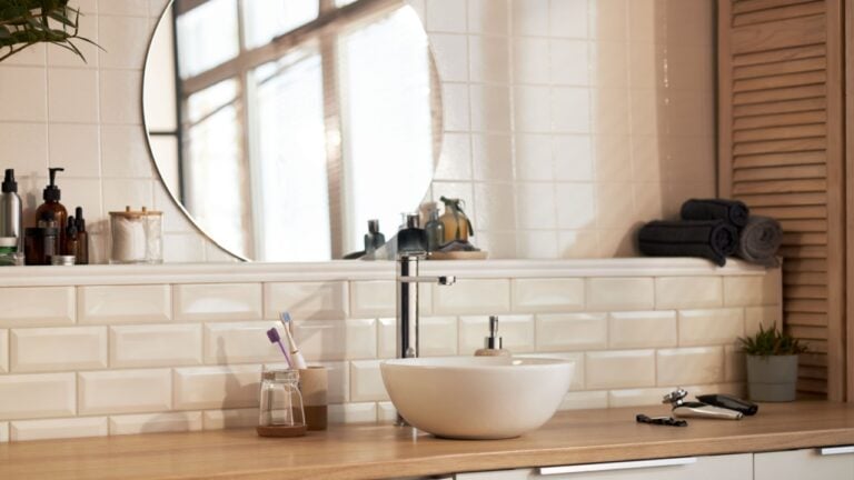 Modern bathroom countertop featuring skincare products, soap dispenser, electric razor, toothbrushes in glass, rolled towels and potted plant reflecting beauty and skincare routine