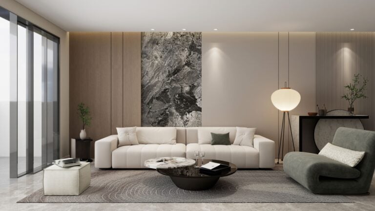 Modern style home living room design interior space decoration 3D rendering