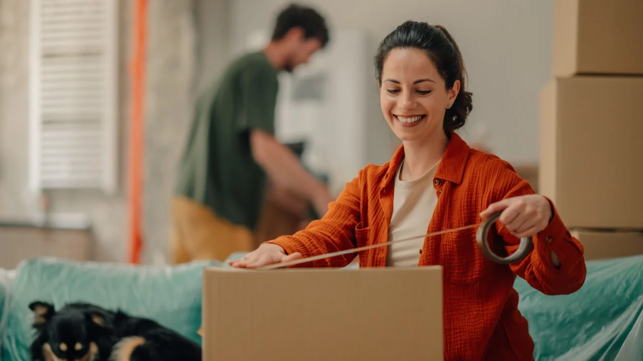 Woman packing cardboard boxes and sealing them with tape while preparing for a move to a new home, surrounded by furniture and belongings