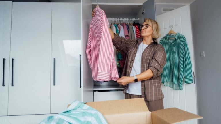 Middle aged woman selecting clothes from wardrobe for donating to Charity shop. Decluttering, Sorting clothes and Cleaning Up.
